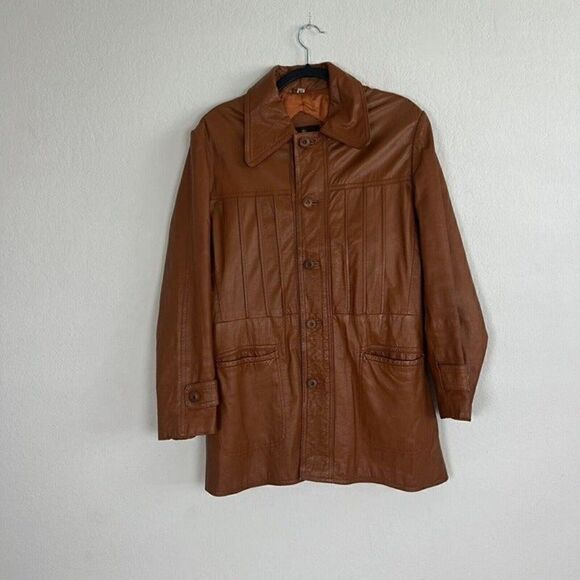Vintage 70s Pampas Orange/Brown Leather Jacket Size 40 Button Up Mens Duster - Picture 1 of 12